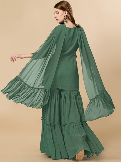 Dhiyona IN Green Sequinned Georgette Kurta & Sharara With Dupatta