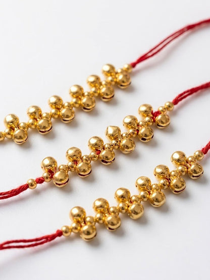 Dhiyona Set Of 3 Gold Toned Ghungroo & Red Thread Rakhi With Roli Chawal Chandan Mishri