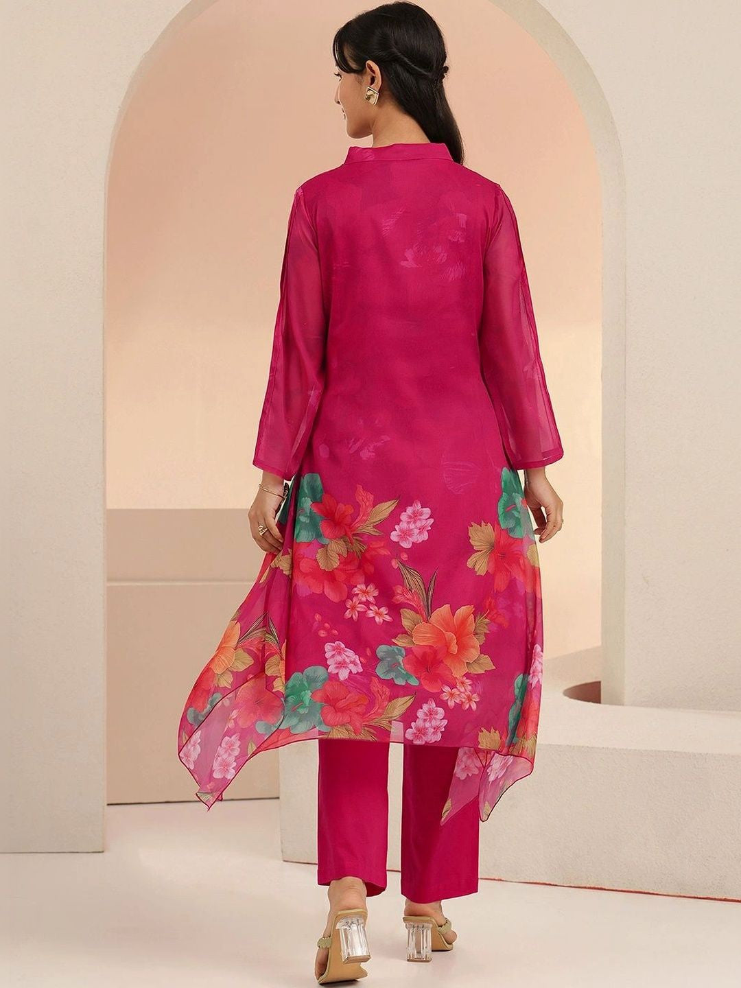 Fuchsia Pink Floral Printed Chiffon High Low Kurta Set