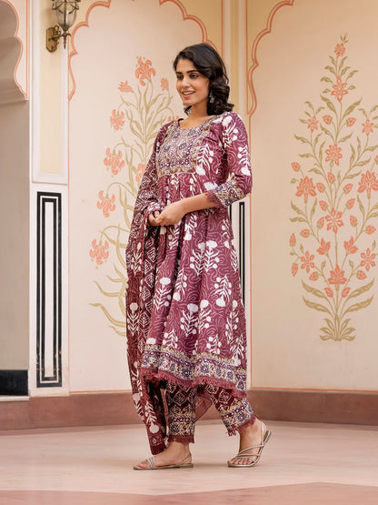 Dhiyona KL Women Floral Printed Regular Pure Cotton Kurta with Trousers & With Dupatta