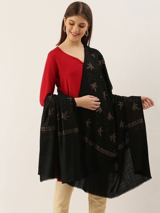 Dhiyona PA Women Black & Gold-Toned Embellished Woolen Shawl