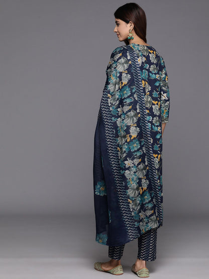 Blue Floral Printed Zari Embroidered Kurta with Trouser & Dupatta