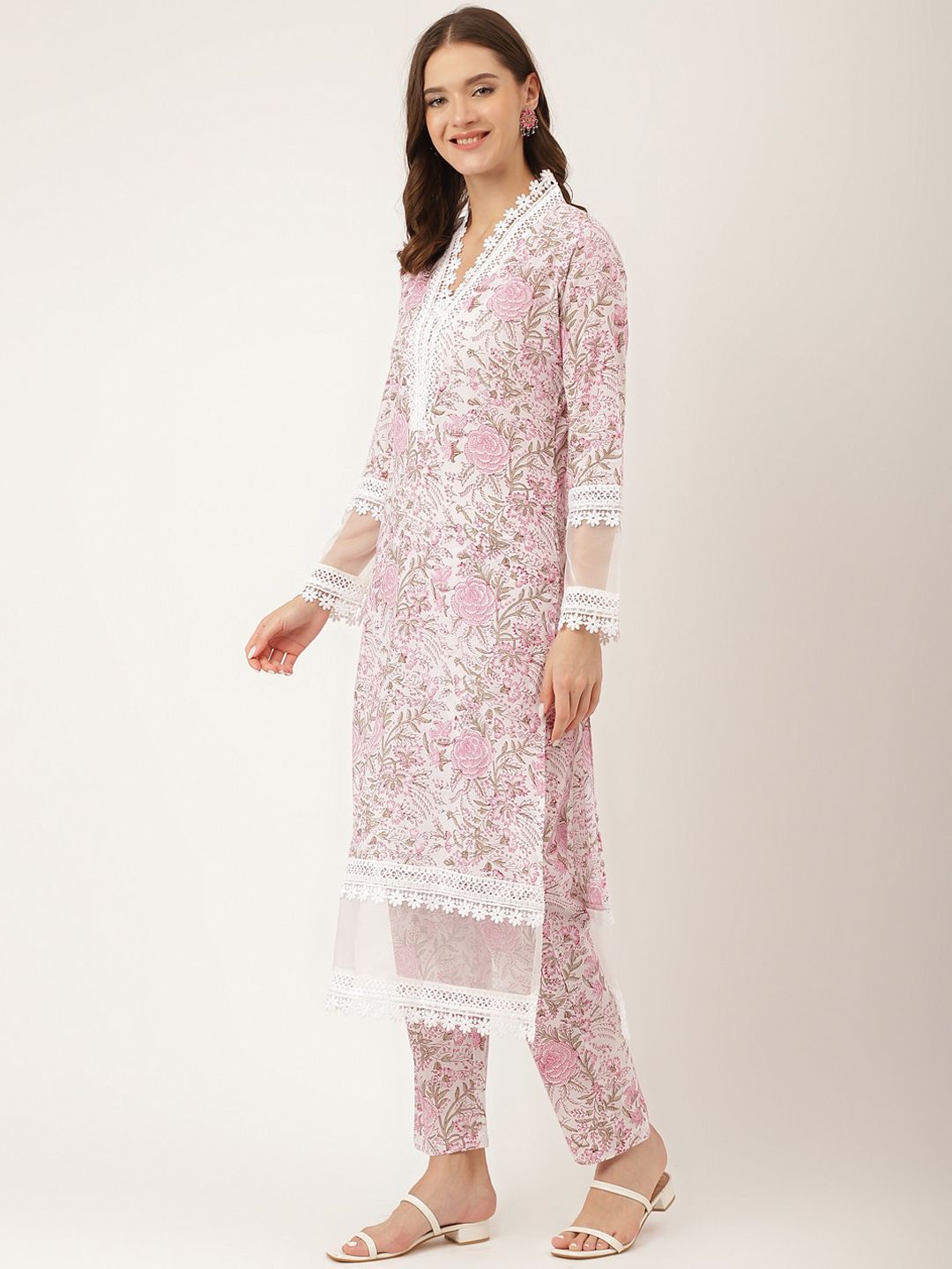 Dhiyona KL Floral Printed Laced Pure Cotton Kurta With Trouser & Dupatta