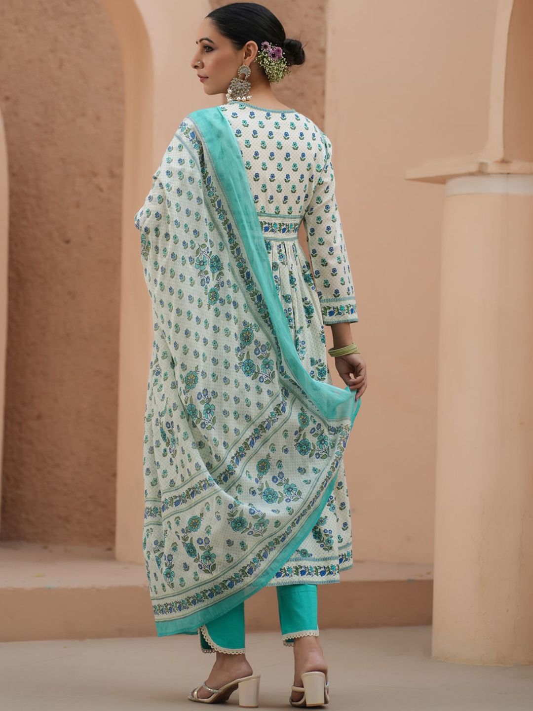 Dhiyona RR Women's Floral Printed Sequinned Pure Cotton A-Line Kurta With Trousers & Dupatta