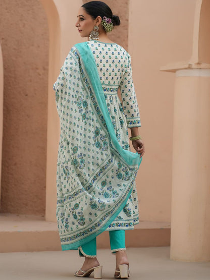 Dhiyona RR Women's Floral Printed Sequinned Pure Cotton A-Line Kurta With Trousers & Dupatta