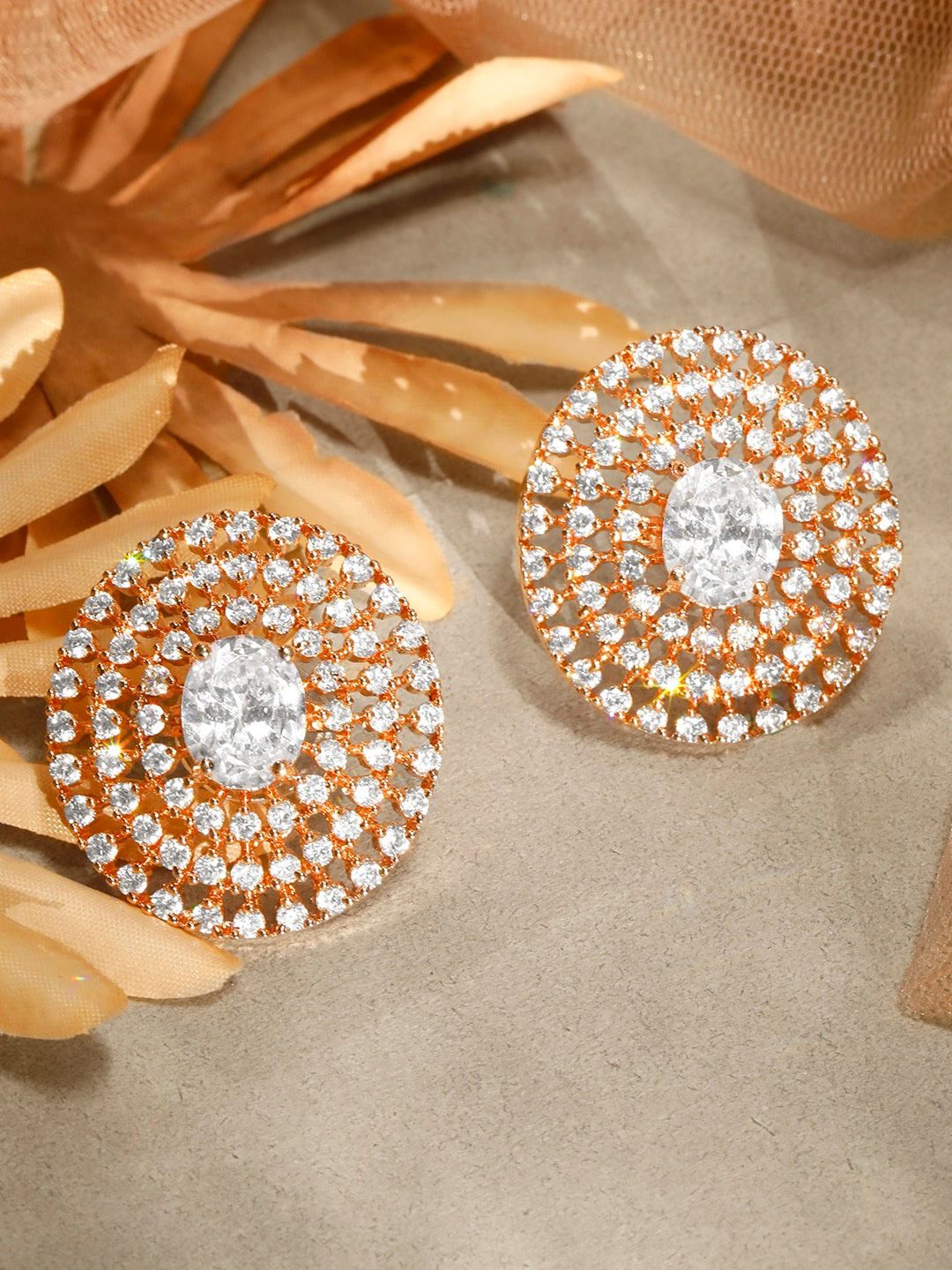 Dhiyona RJ Women's Rose Gold-Plated AD Studded Circular Oversized Stud Earrings