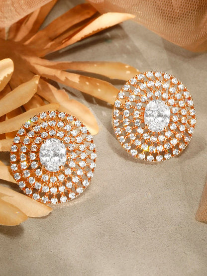 Dhiyona RJ Women's Rose Gold-Plated AD Studded Circular Oversized Stud Earrings
