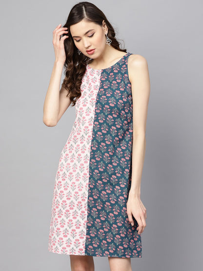 Dhiyona AY Women's Teal Blue & Pink Printed A-Line Dress