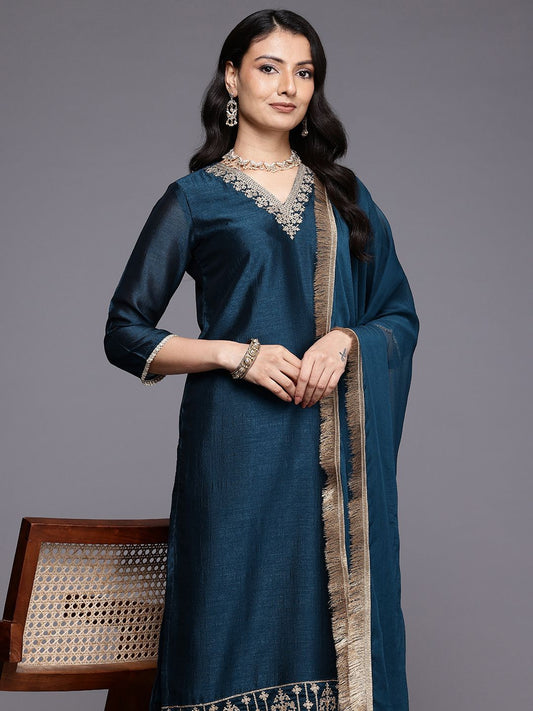 Dhiyona VA Ethnic Motifs Embroidered Zari Kurta With Palazzos & Dupatta