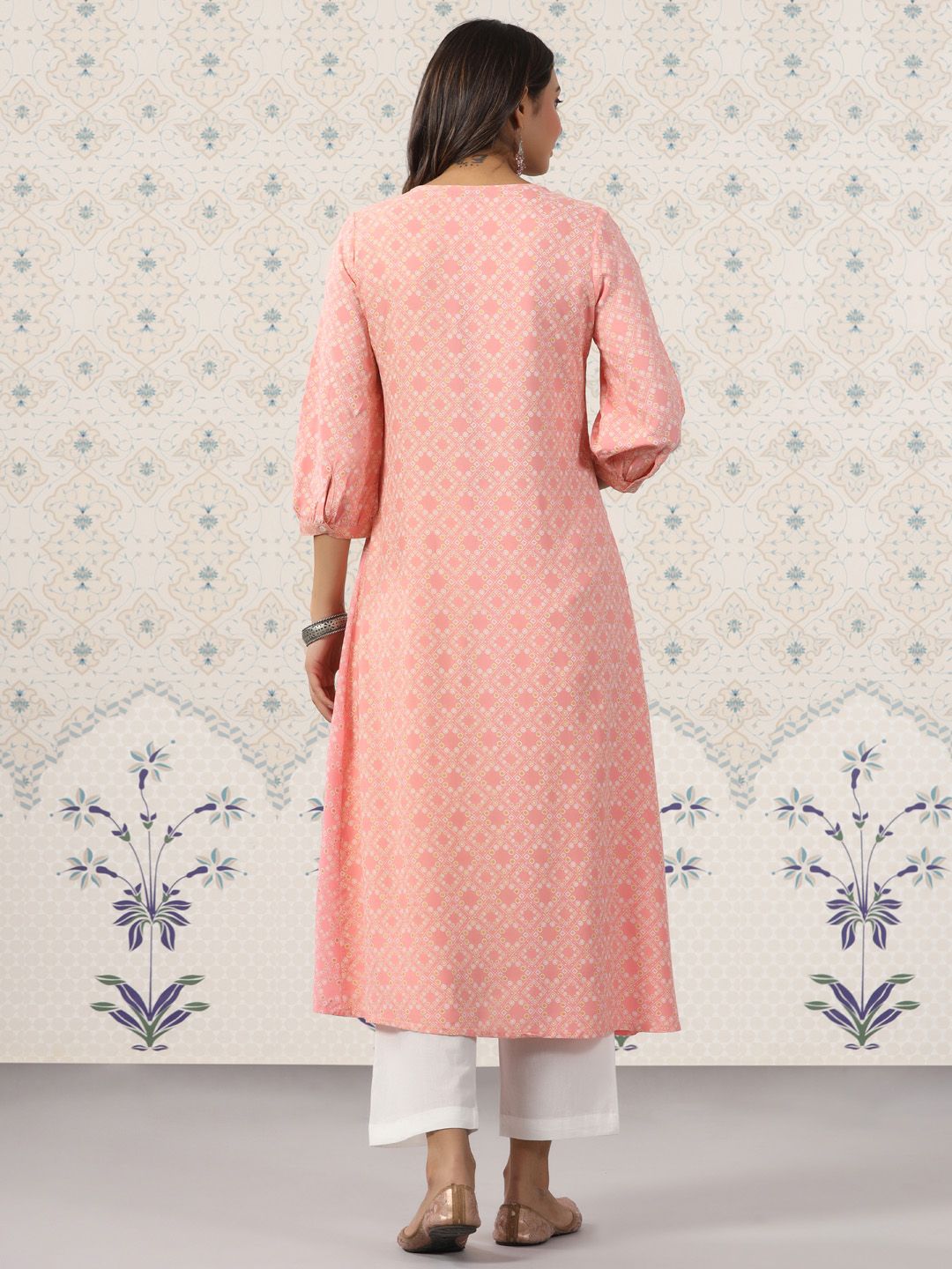Dhiyona OD  Ethnic Motif Printed Tie Up Neck A-Line Kurta With Trousers