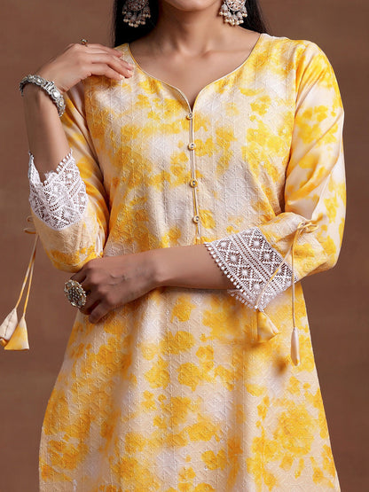 Notched Neck Geometric Embroidered Straight Kurta with Palazzo & Dupatta