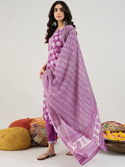 Dhiyona IE Purple Floral Printed Mirror Work Pure Cotton Kurta with Trousers & Dupatta