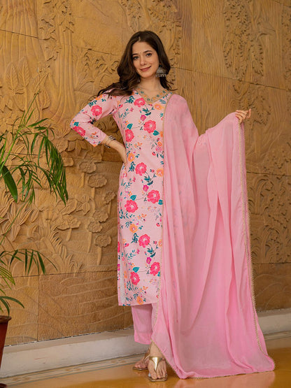 Dhiyona KL Floral Printed V-Neck Thread Work Straight Kurta With Trousers & Dupatta
