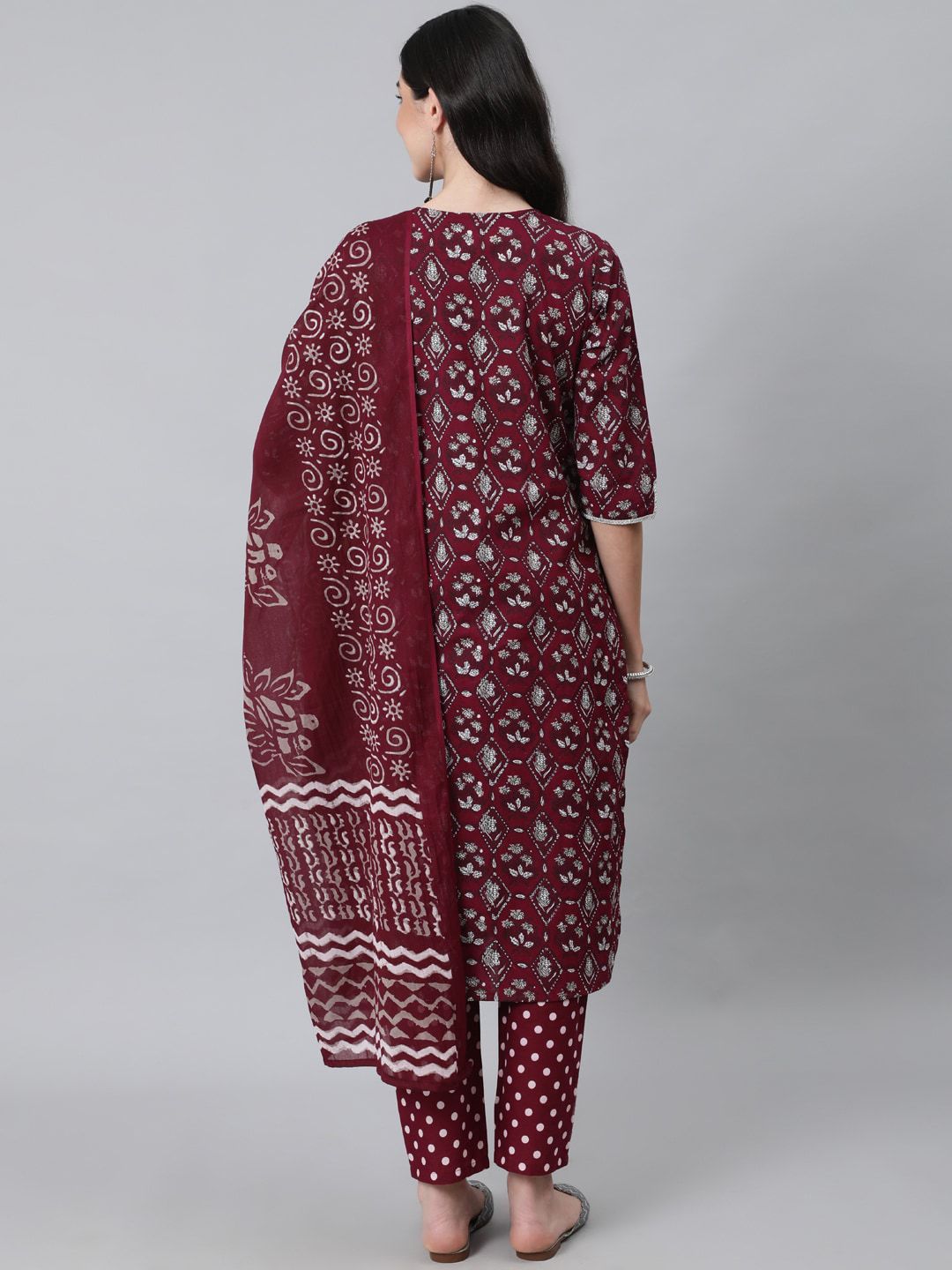 Dhiyona IS Women's Women Maroon Ethnic Motifs Thread Work Pure Cotton Kurta with Trousers & With Dupatta
