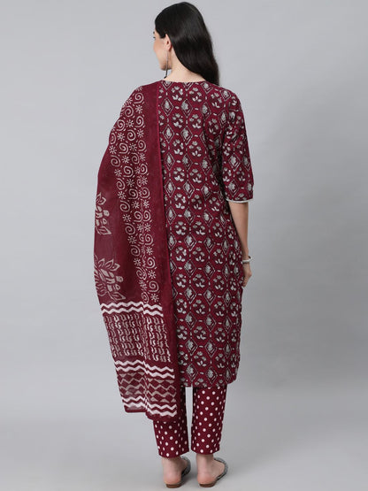 Dhiyona IS Women's Women Maroon Ethnic Motifs Thread Work Pure Cotton Kurta with Trousers & With Dupatta