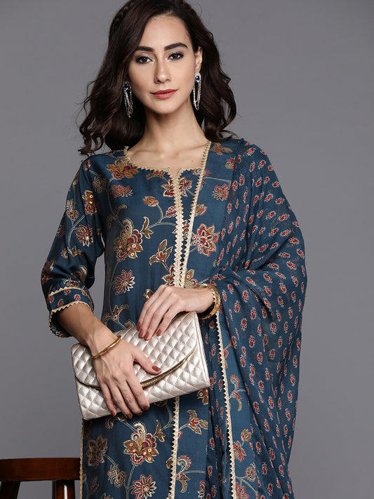 Women Blue & Maroon Floral Printed Regular Kurta with Palazzos & Dupatta