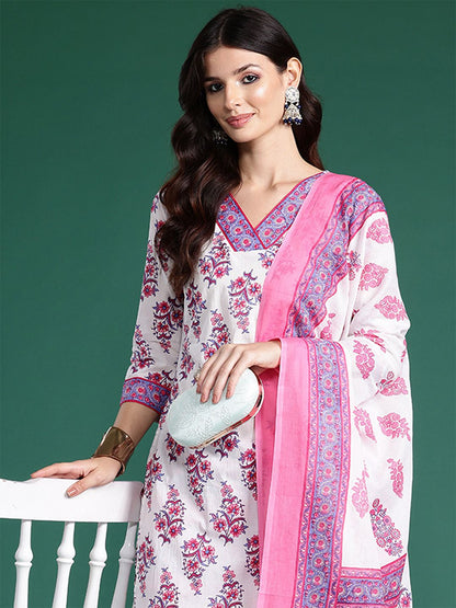 Dhiyona IE Floral Printed Pure Cotton Kurta With Palazzos & Dupatta