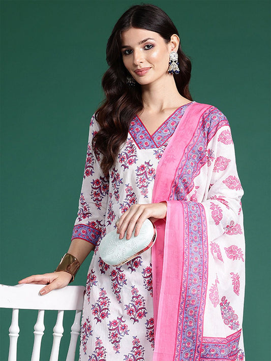Dhiyona IE Floral Printed Pure Cotton Kurta With Palazzos & Dupatta