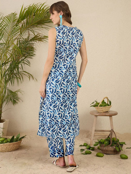 Dhiyona IE Floral Screen Printed V-Neck Pure Cotton Straight Kurta With Trousers