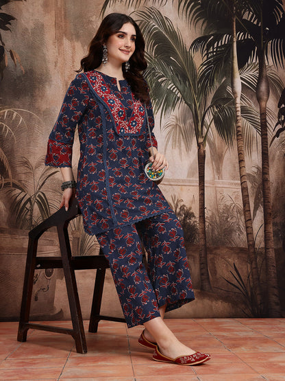 Floral Printed Pure Cotton Kurta with Trousers