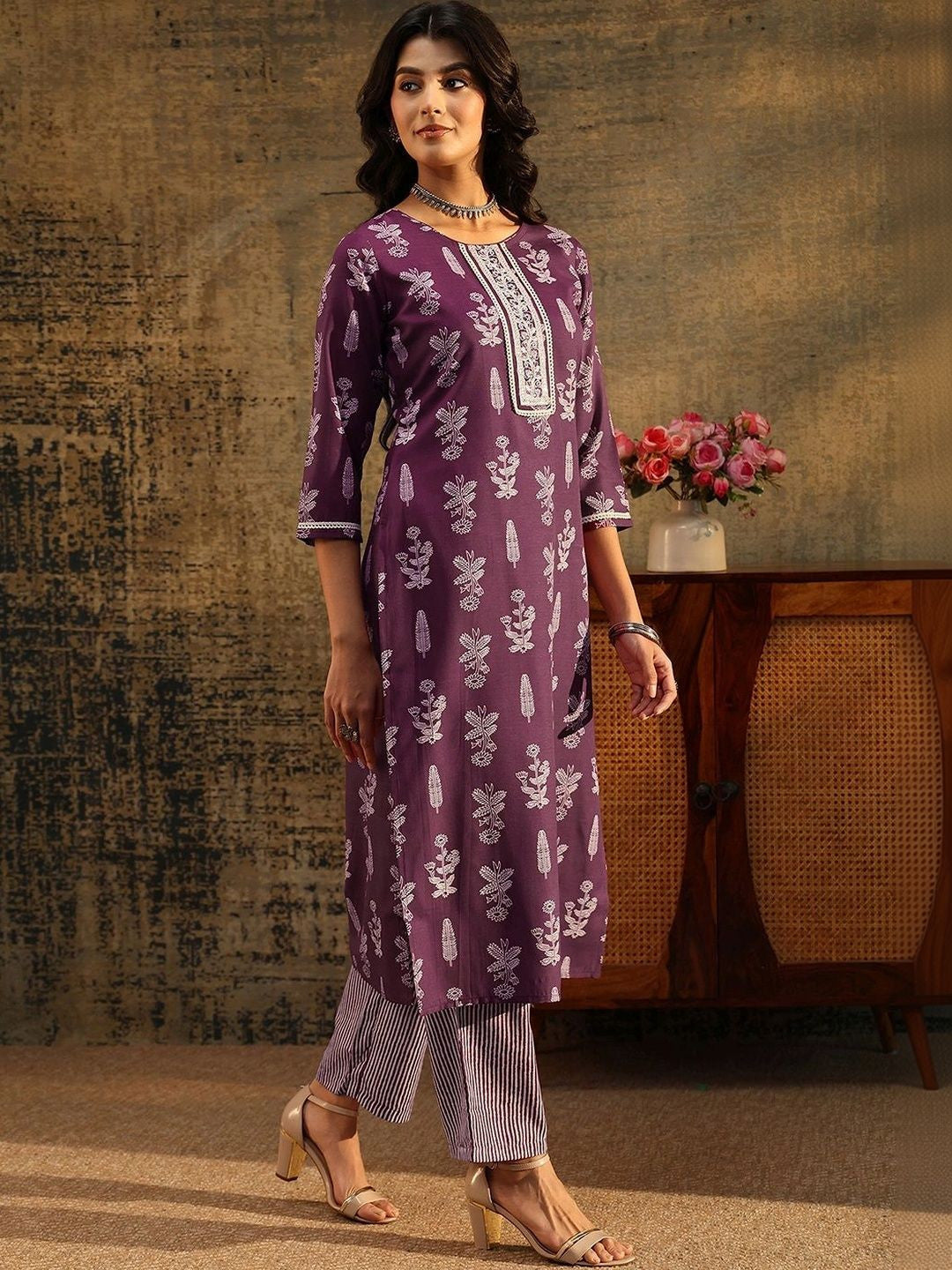 Burgundy Floral Printed Cotton Blend Straight Suit Set