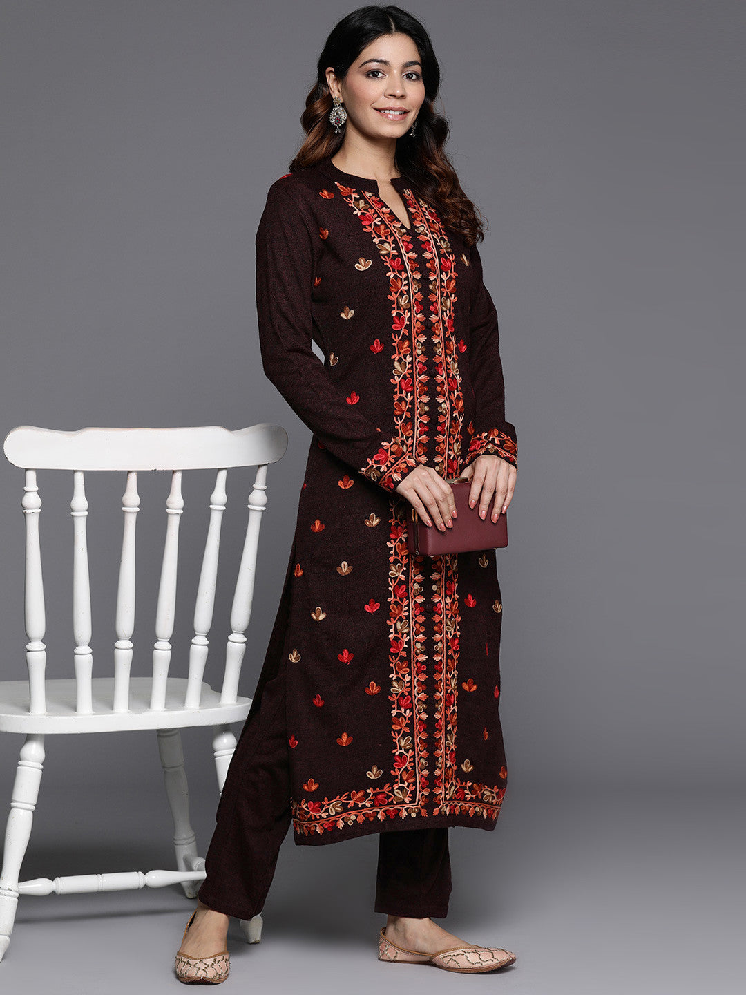 Women Floral Embroidered Regular Thread Work Pure Wool Kurta with Trousers