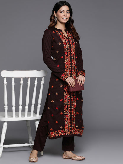 Women Floral Embroidered Regular Thread Work Pure Wool Kurta with Trousers