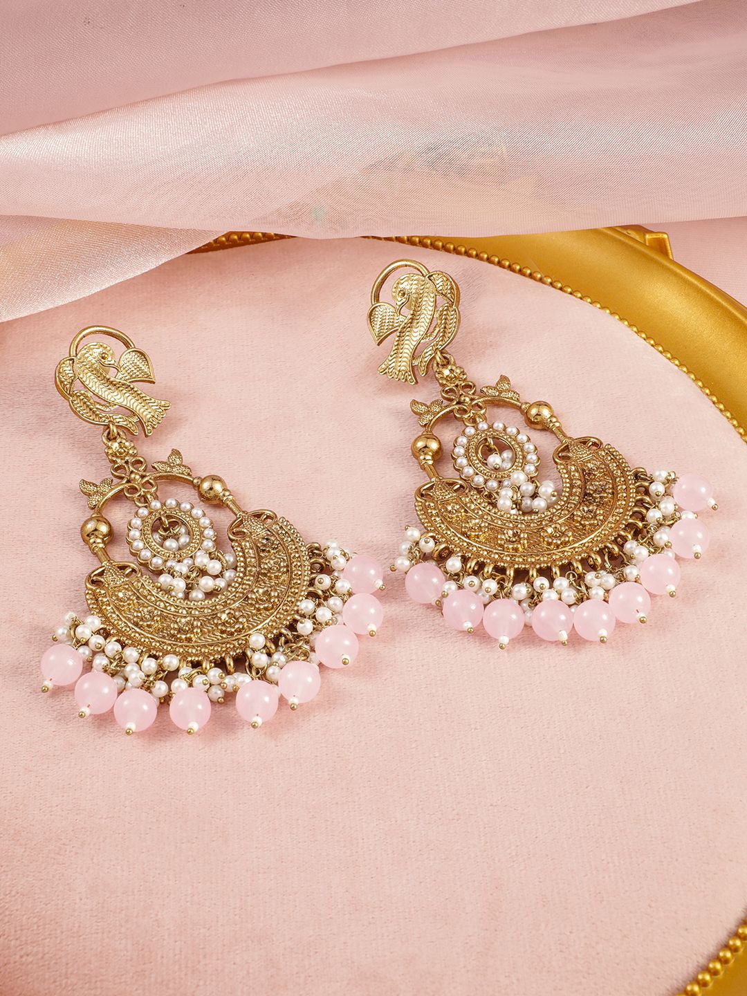 Dhiyona RJ Women's 18K Gold-Plated Large Chandbali Earrings with Pink Beads and Pearl Accents