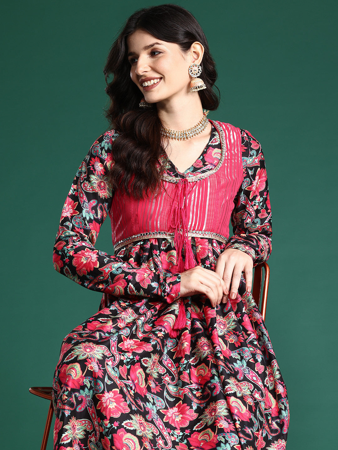 Ethnic Motifs Lurex Printed Layered Kurta Set