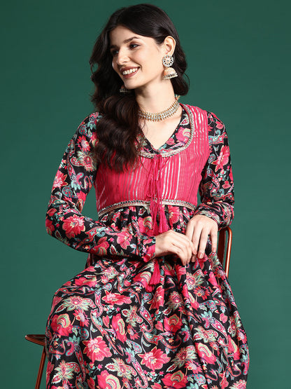 Ethnic Motifs Lurex Printed Layered Kurta Set