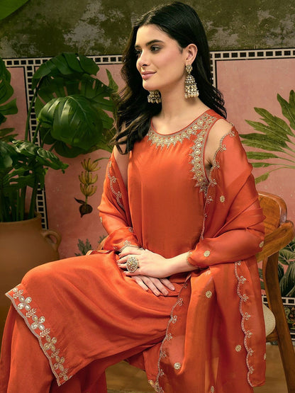 Orange Santoon Zari Sequence GotaPatti Embroidered Kurta With Palazzo Set