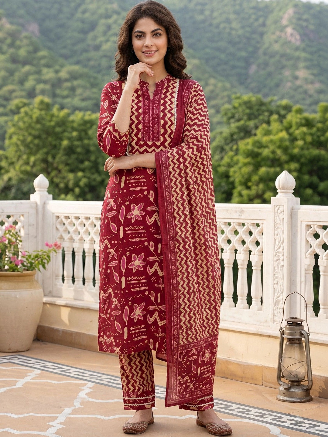 Women Ethnic Motifs Printed Regular Pure Cotton Kurta with Trousers & With Dupatta