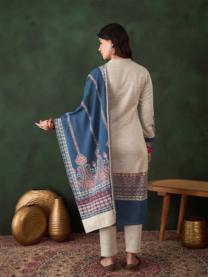 Floral Woven Design Winter Kurta & Trousers With Dupatta