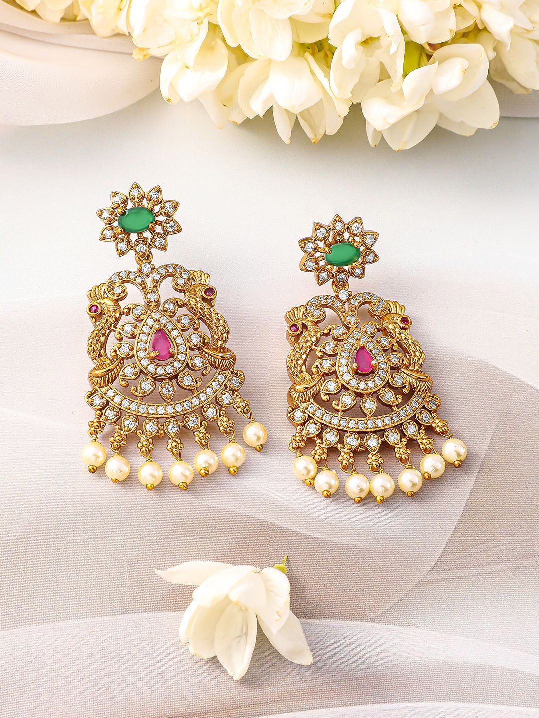 Dhiyona RJ Women's 22K Gold-Plated Emerald, Ruby Pink & Cubic Zirconia Jewellery Set with Pearl Beads