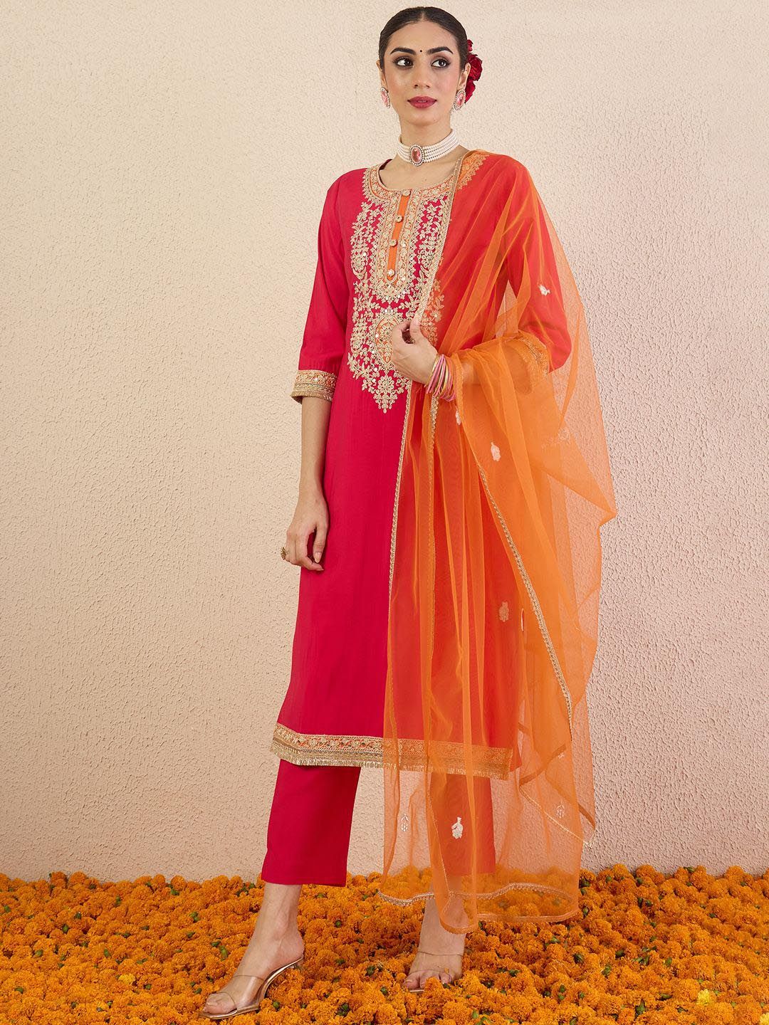 Dhiyona IE Ethnic Motifs Embroidered Sequinned Straight Kurta With Trousers & Dupatta