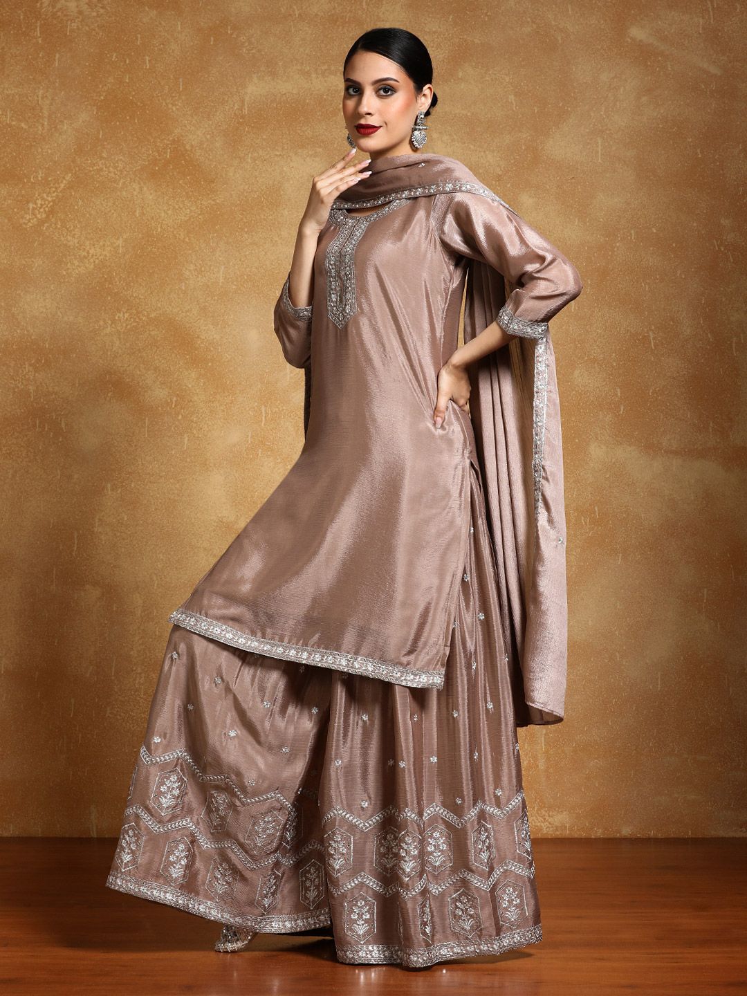 Dhiyona VA Floral Yoke Design Zari Straight Kurta With Sharara And Dupatta