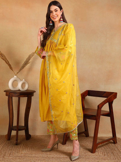 Dhiyona KL Floral Embroidered V-Neck Pleated Anarkali Kurta with Trousers & Dupatta