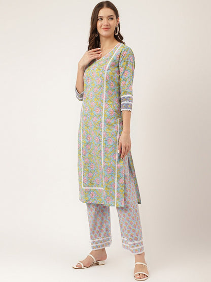Dhiyona KL Floral Printed Pure Cotton Straight Kurta & Trousers With Dupatta