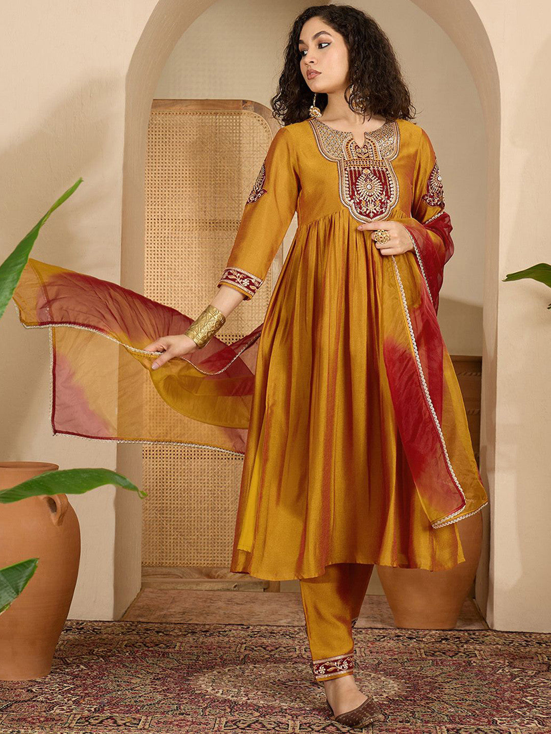 Dhiyona SN Zari Sequence Thread Embroidered A-Line Kurta With Trouser & Dupatta