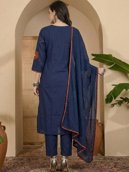 Printed Cotton Round Neck Kurta & Trousers With Dupatta