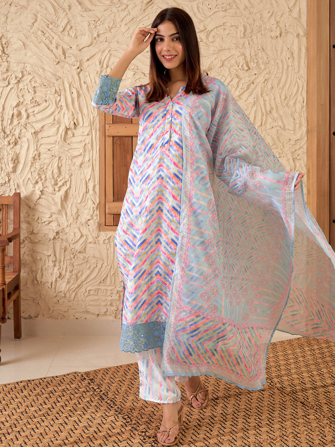 Embroidered Regular Thread Work Straight Kurta with Palazzos & Dupatta
