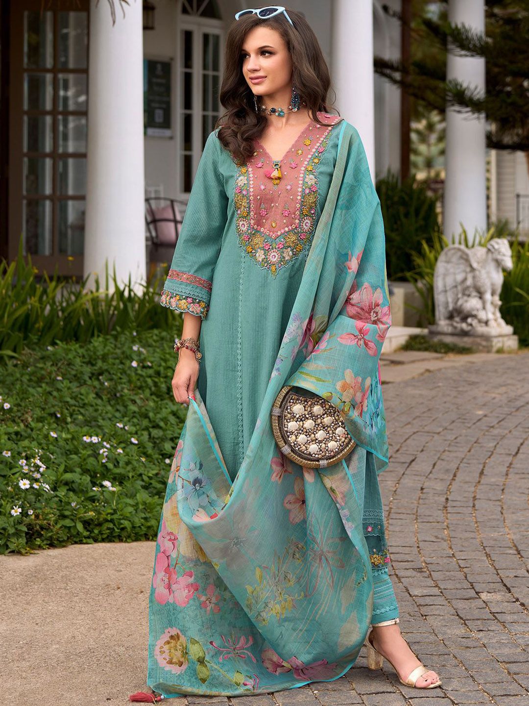Women Floral Embroidered Regular Pure Cotton Kurta with Trousers & Dupatta