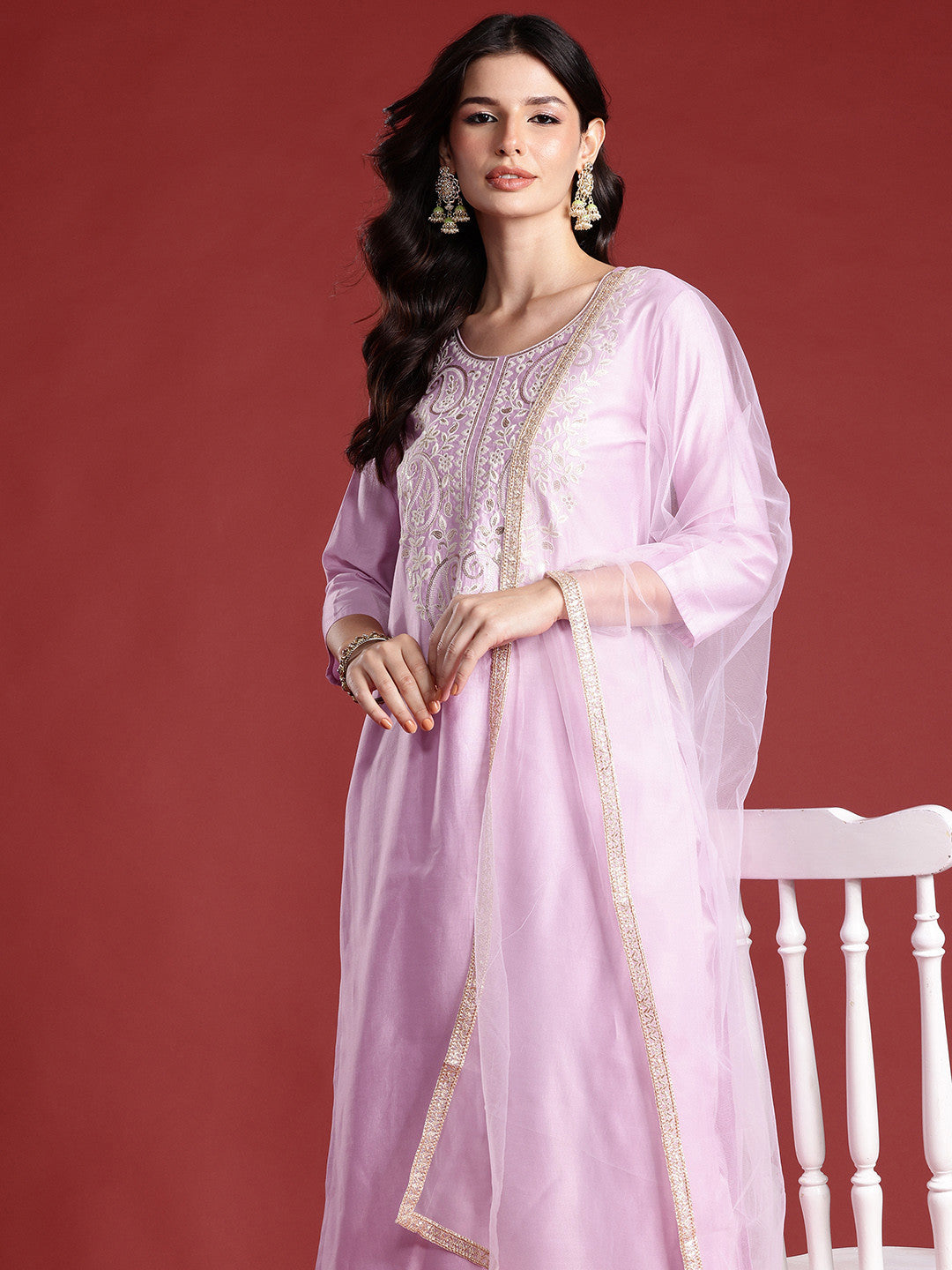Ethnic Motifs Embroidered Thread Work Liva Kurta with Trousers & Dupatta