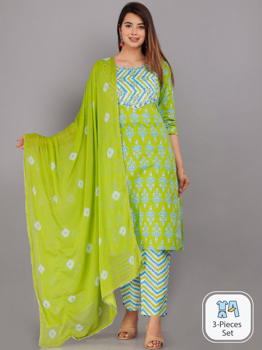 Dhiyona KL Ethnic Motifs Printed Regular Pure Cotton Kurta with Trousers & With Dupatta