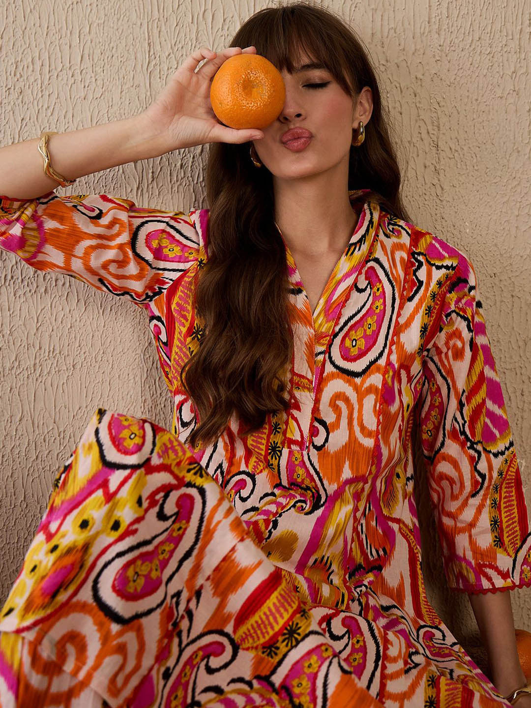 Women Printed Panelled Pure Cotton Kurta with Trousers
