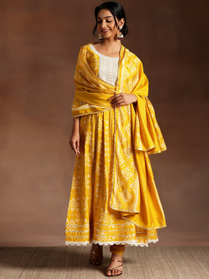 Womens Mustard Printed Anarkali Kurta With Churidar & Dupatta