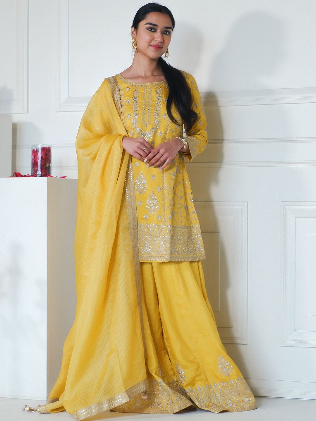 Dhiyona LL Floral Embroidered Sequinned Pure Silk Kurti with Palazzos & With Dupatta