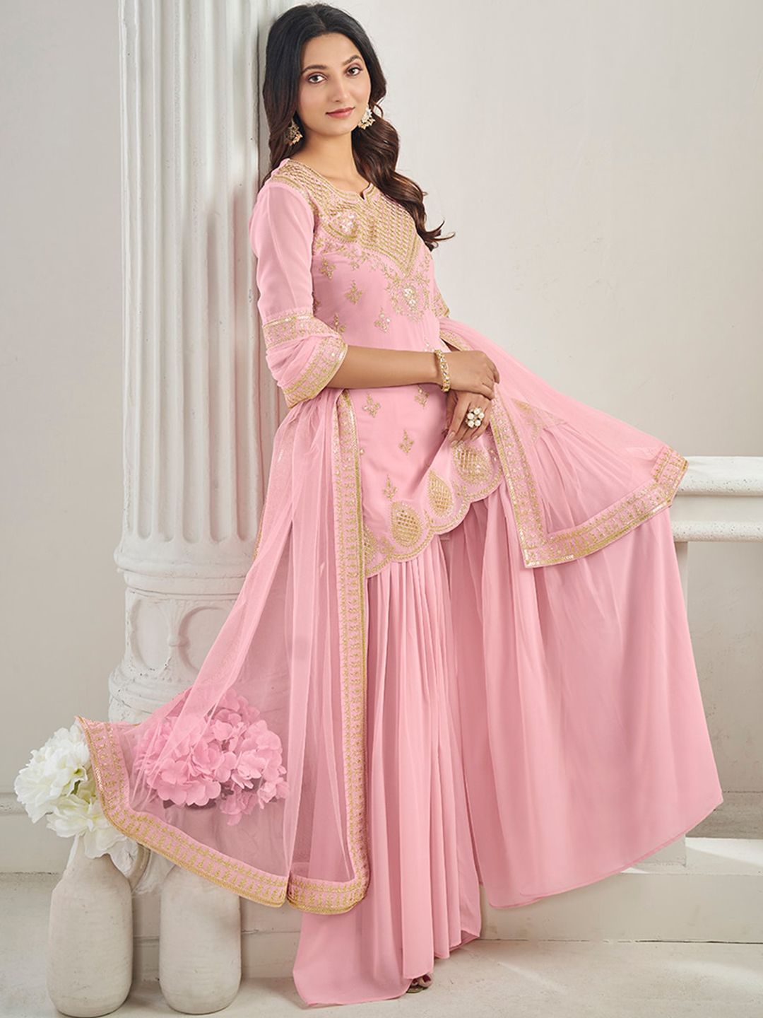 Dhiyona IN Ethnic Motifs Embroidered Regular Thread Work Kurti With Sharara & Dupatta