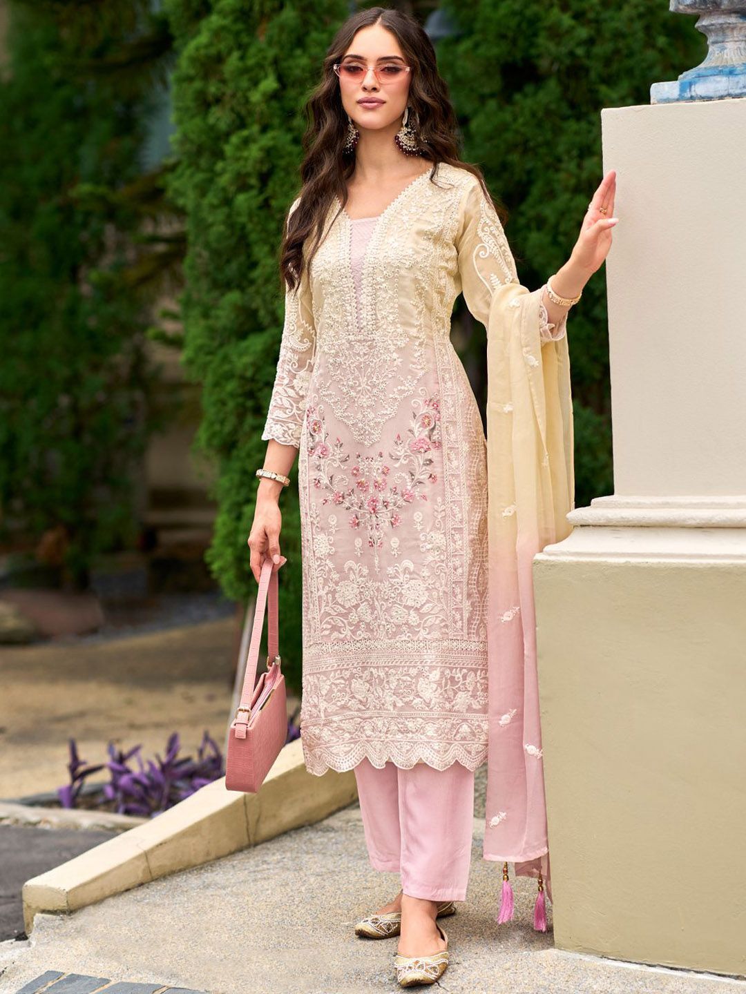 Floral Embroidered Sequinned Straight Organza Kurta With Trousers And Dupatta