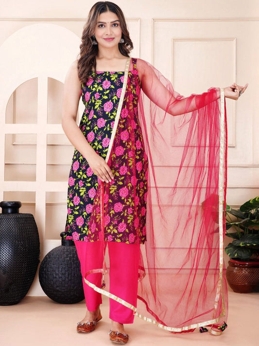 Dhiyona KL Women Floral Printed Kurta & Trouser With Dupatta